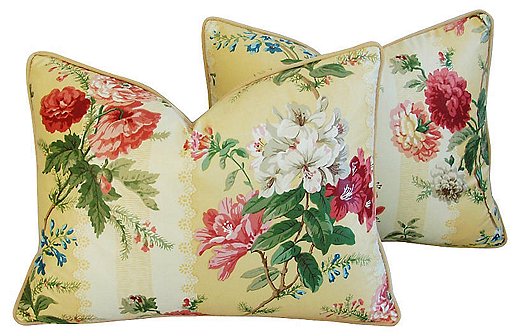 Brunschwig & Fils no longer produces its Sybella floral print, but the fabric can still be found on vintage pillows and upholstered furniture.
